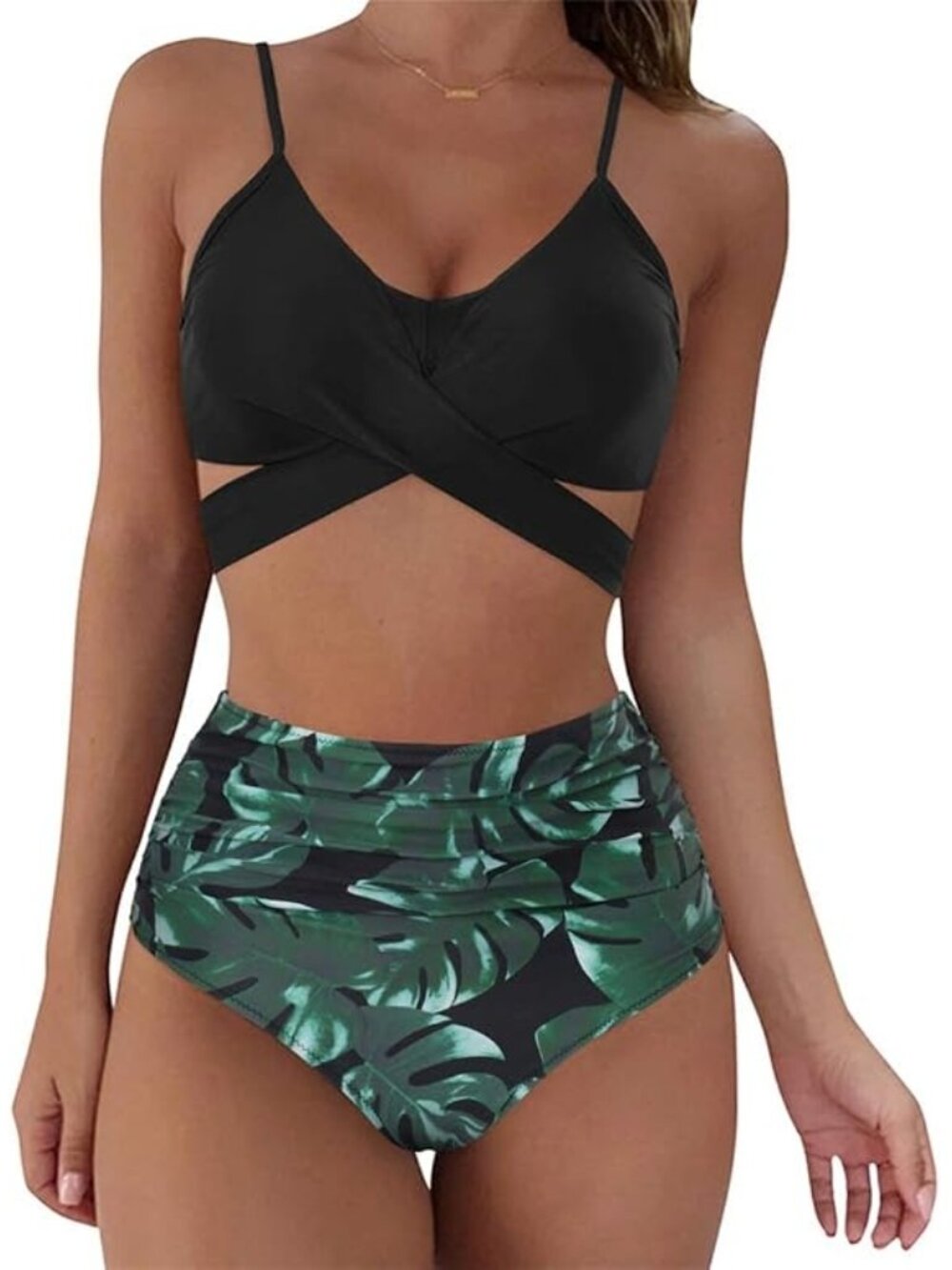 SUUKSESS (XL) Swim Set Bikini Wrap High-Waisted Green Black Palm Leaves Floral